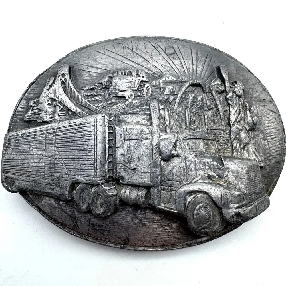 Vintage Siskiyou Trucker Belt Buckle Semi Truck Statue of Liberty R-80 USA